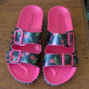 Betsey Johnson Pink and Black Floral Sandals